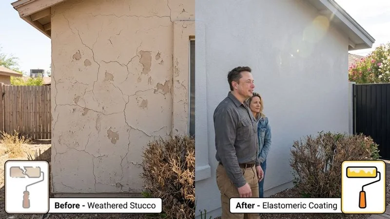 Before and after comparison of stucco home in Phoenix showing cracked faded paint versus fresh elastomeric coating