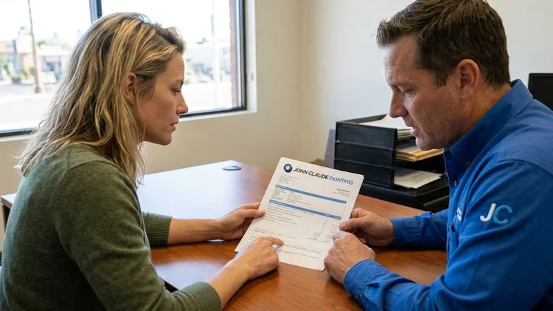 Commercial painting estimate being reviewed by business owner and contractor in Phoenix office