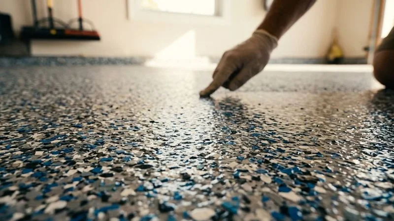 Close-up of decorative flake epoxy floor system showing texture and color chips in Phoenix garage