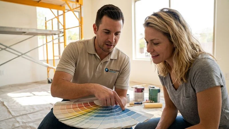 Color consultant showing paint samples to homeowner in bright Tempe living room