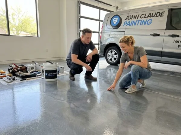 Epoxy coated garage floor in metallic gray with a clean modern finish in a Phoenix residential garage