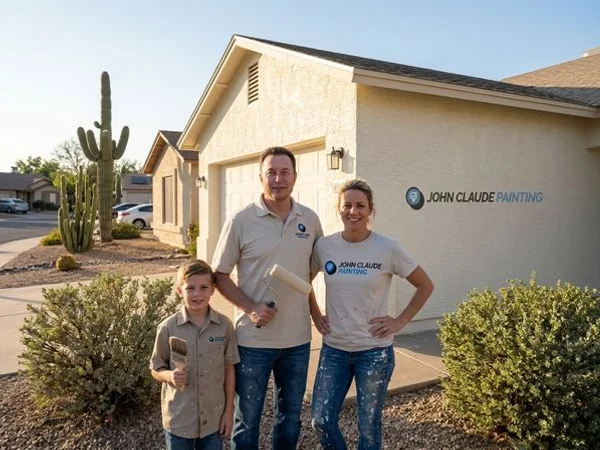 Freshly painted cream colored stucco exterior of a modern Phoenix ranch home with desert landscaping and clear blue sky