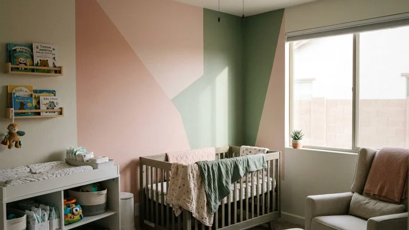 Geometric color-blocked accent wall with soft pink and sage green in a Phoenix nursery