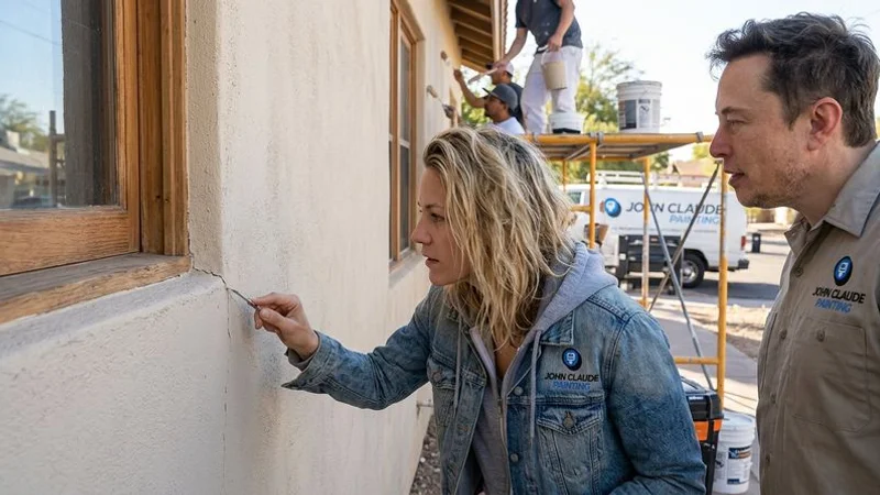 Close-up of homeowner inspecting stucco crack near window frame on Tempe home exterior