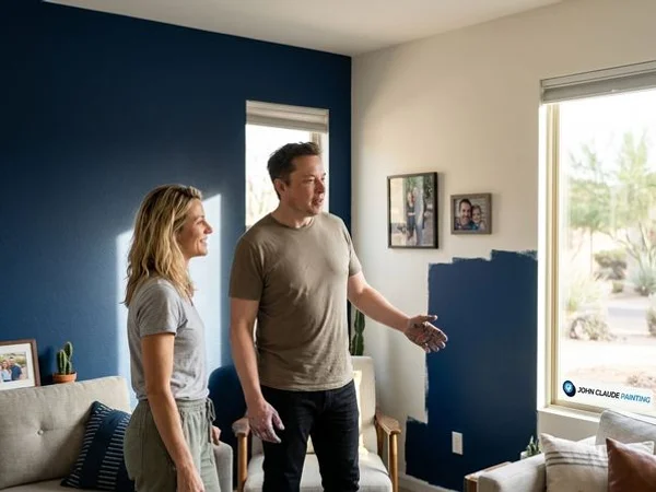 Stunning living room interior with freshly painted accent wall in deep navy blue contrasting with warm white walls in Phoenix home