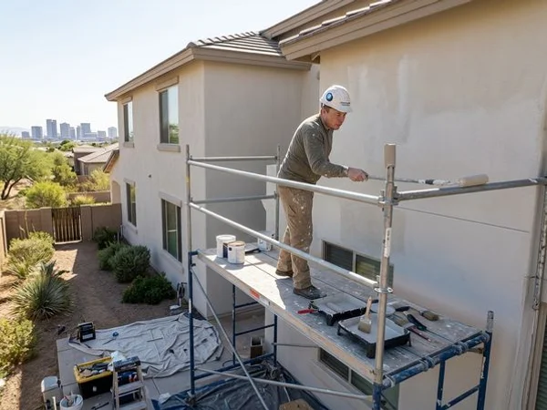 Professional painter on scaffolding applying UV-resistant paint to a two-story Phoenix home exterior with stucco siding