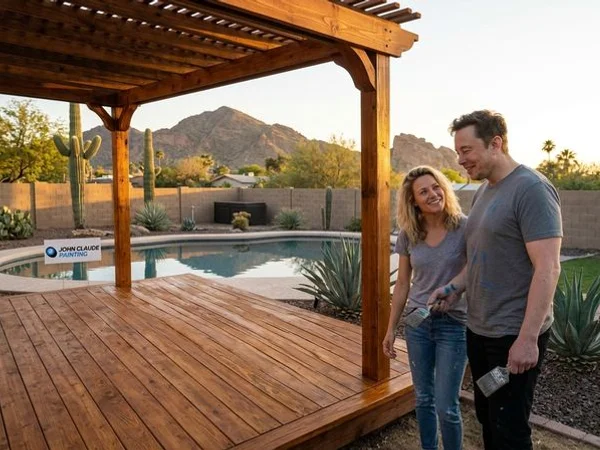 Freshly stained and sealed wooden pergola and deck in a Phoenix backyard with pool and desert mountain view in background