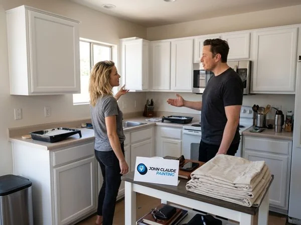 Beautiful white kitchen cabinets freshly painted with smooth factory-like finish in a modern Phoenix kitchen with granite countertops